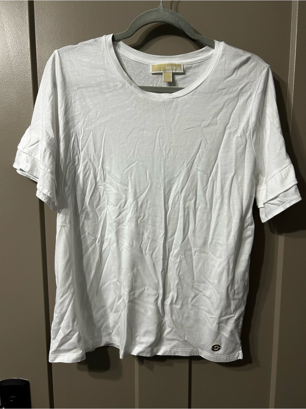 Michael Kors White Short-Sleeve Crewneck Tee Tiered Ruffle sleeves
